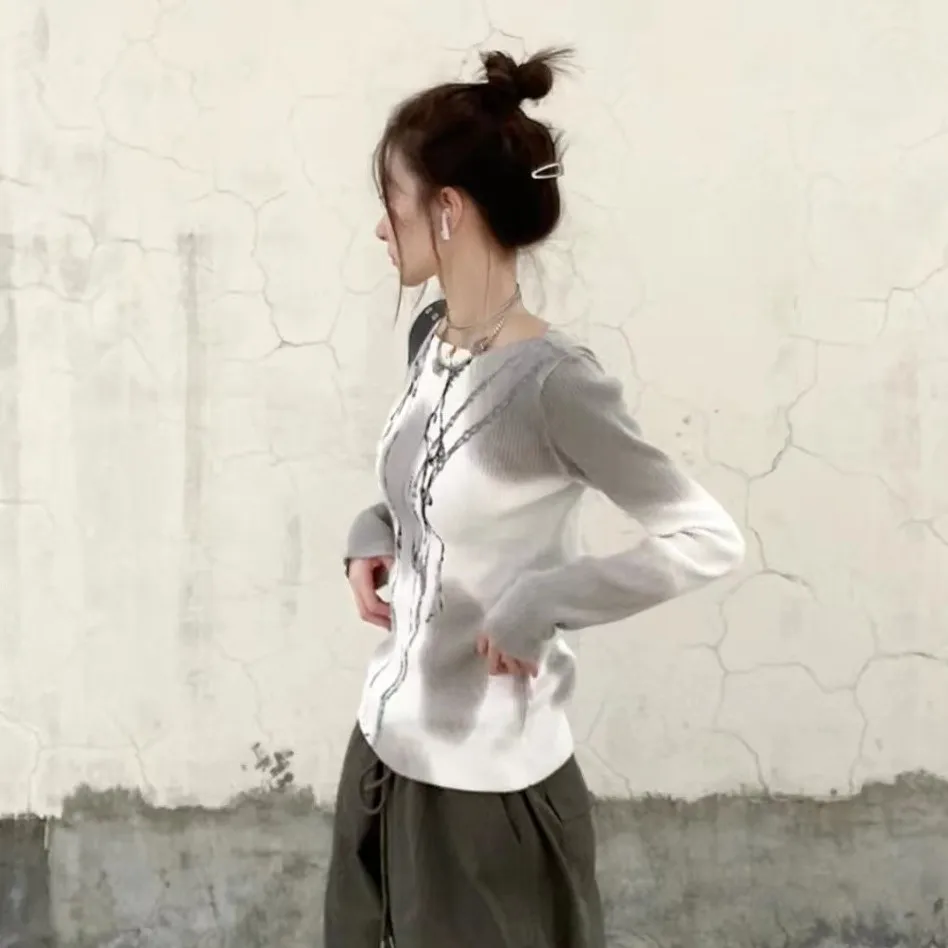 

Harajuku Y2k свитер с цепочкой и принтом Gardient, женский осенний свитер 2022, облегающий пуловер с длинными рукавами, винтажные готические вязаные топы