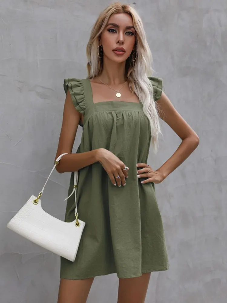 Msfilia Women Summer Square Collar Slip Dress Loose Ruffle Solid Color Cotton Linen Casual Chic Dresses image 3