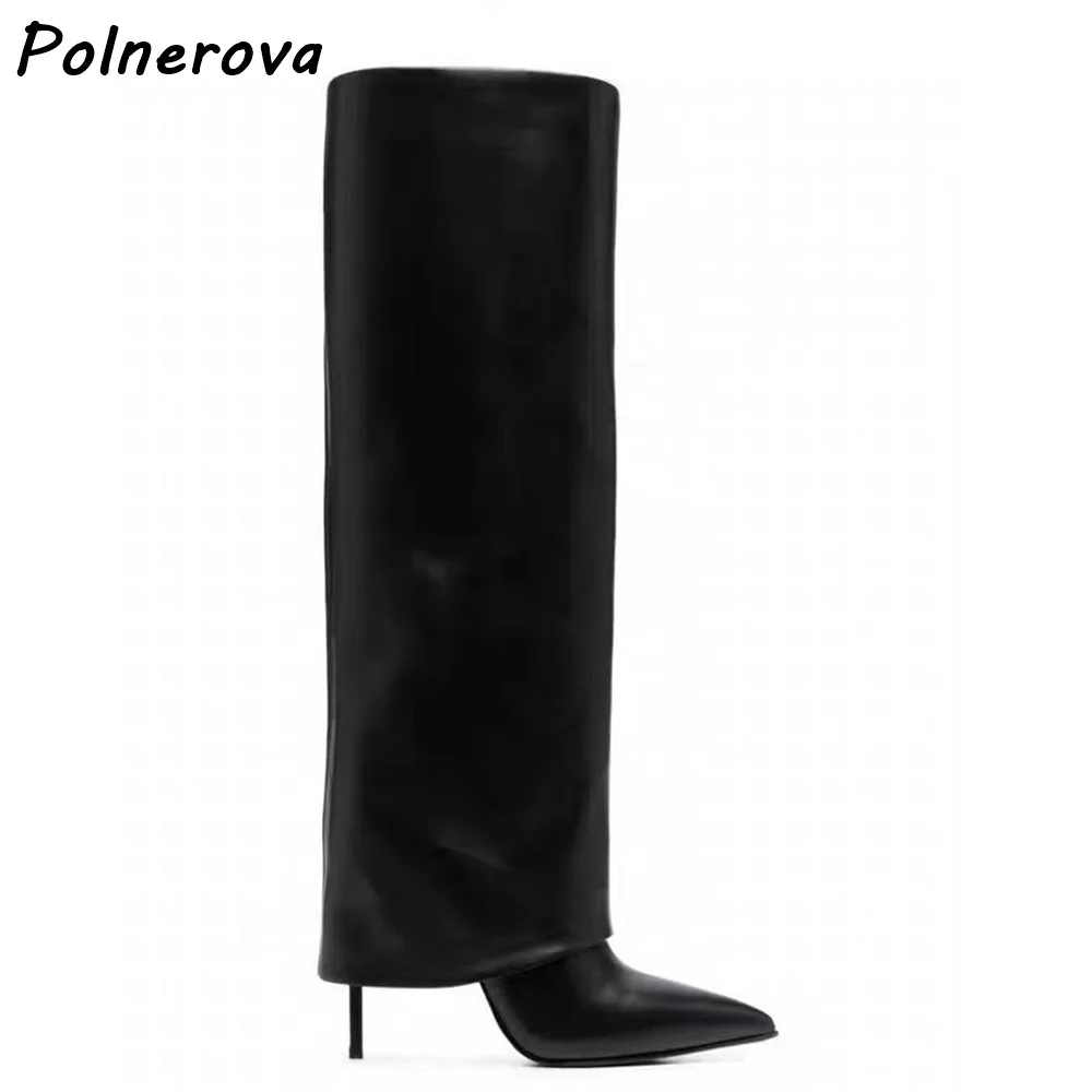 Turn Over Edge Knee High Boots Solid Pointy Toe Thin Heels Slip On Concise Warm Winter Long Boots Women's Fashion Slip On Shoes