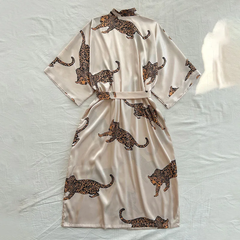 Ice Silk Nightgown Summer Thin Simulation Silk Leopard Print Simple Home Wear Sexy Cardigan Lace Up One Size Bathrobe for Women