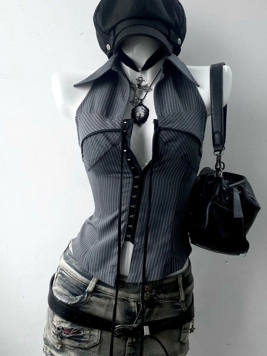 

Retro American Vintage Striped Stand Collar Svel irt Waist Cinched Millennium Spicy Girl Y2K Sle Women's Top