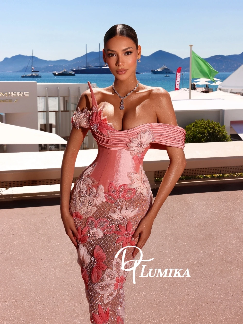 

DTLumika Pink Floral Luxury Evening Dress Sexy Dazzling Off Shoulder Customized Prom Gown Beaded Bodycon Fashionable Party Wear