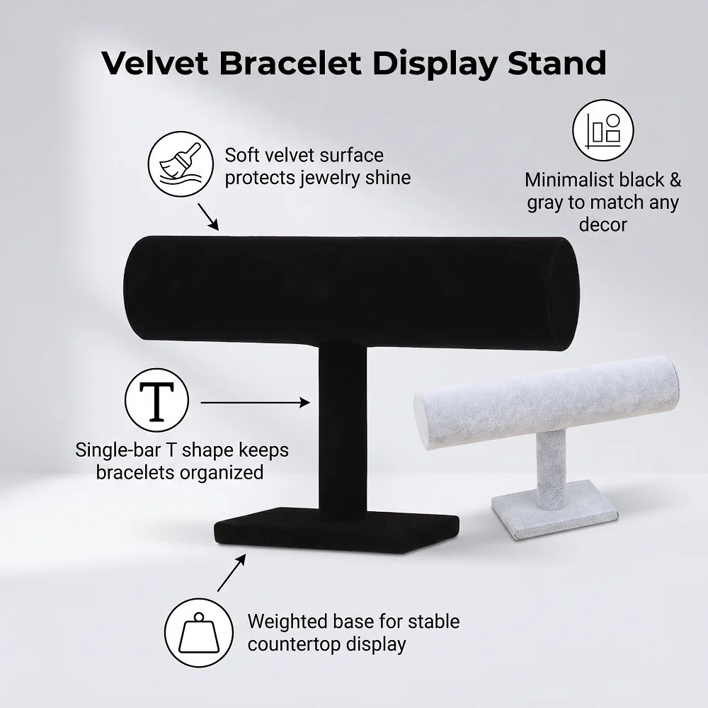 Velvet T-Bar Bracelet Display Stand, Black/Gray Jewelry Holder for Bangles Watches, Retail Showcase & Home Vanity Organizer