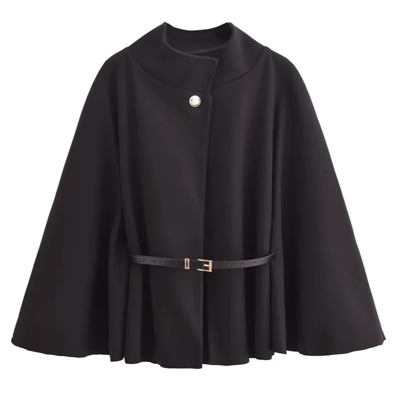2025 Autumn Women's Short Cape Coat | Belted Faux Wool Elegant Cloak Jacket | Solid Color Casual Warm Outerwear for Ladies
