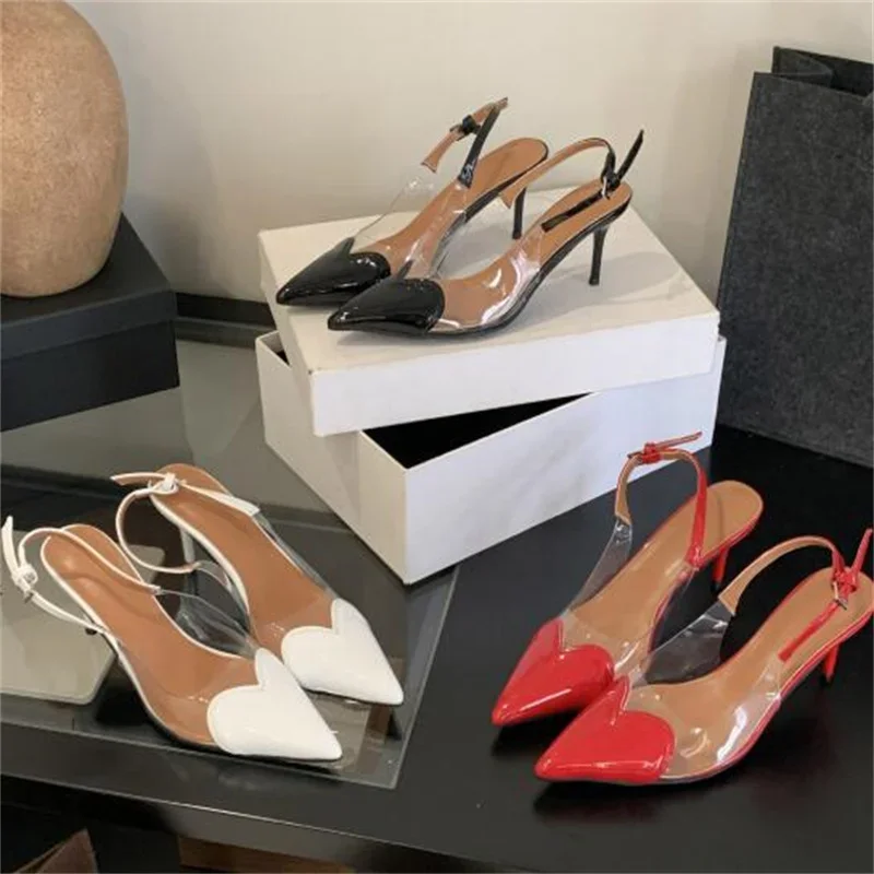 

New peach heart slim high-heeled pointed shoes for 2025, Char high-heeled sexy sandals, transparent PVC film