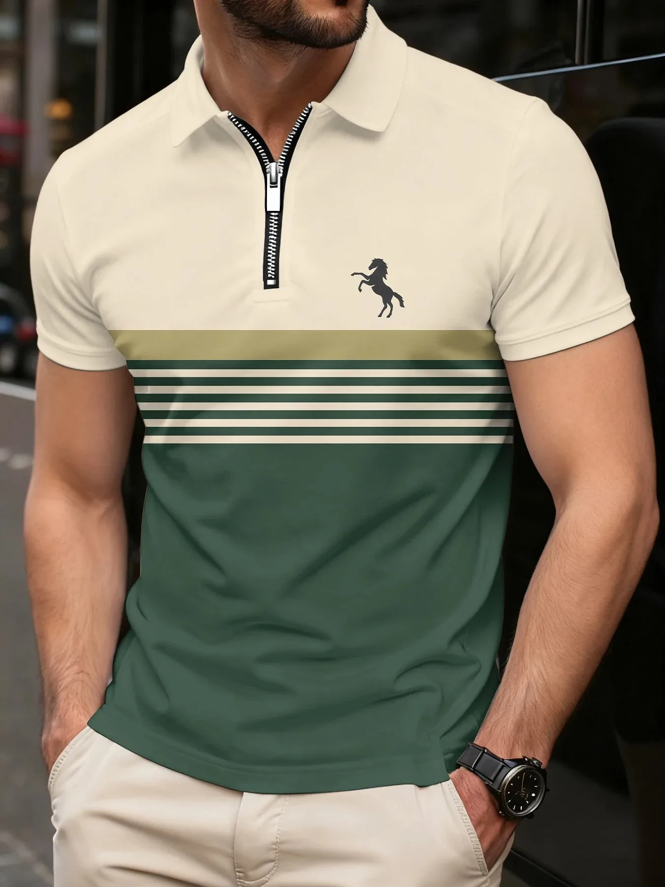 2026 Summer Men's Polo Shirt with Stripes Print Breathable Lightweight Casual Sporty Outdoor Men's Clothing