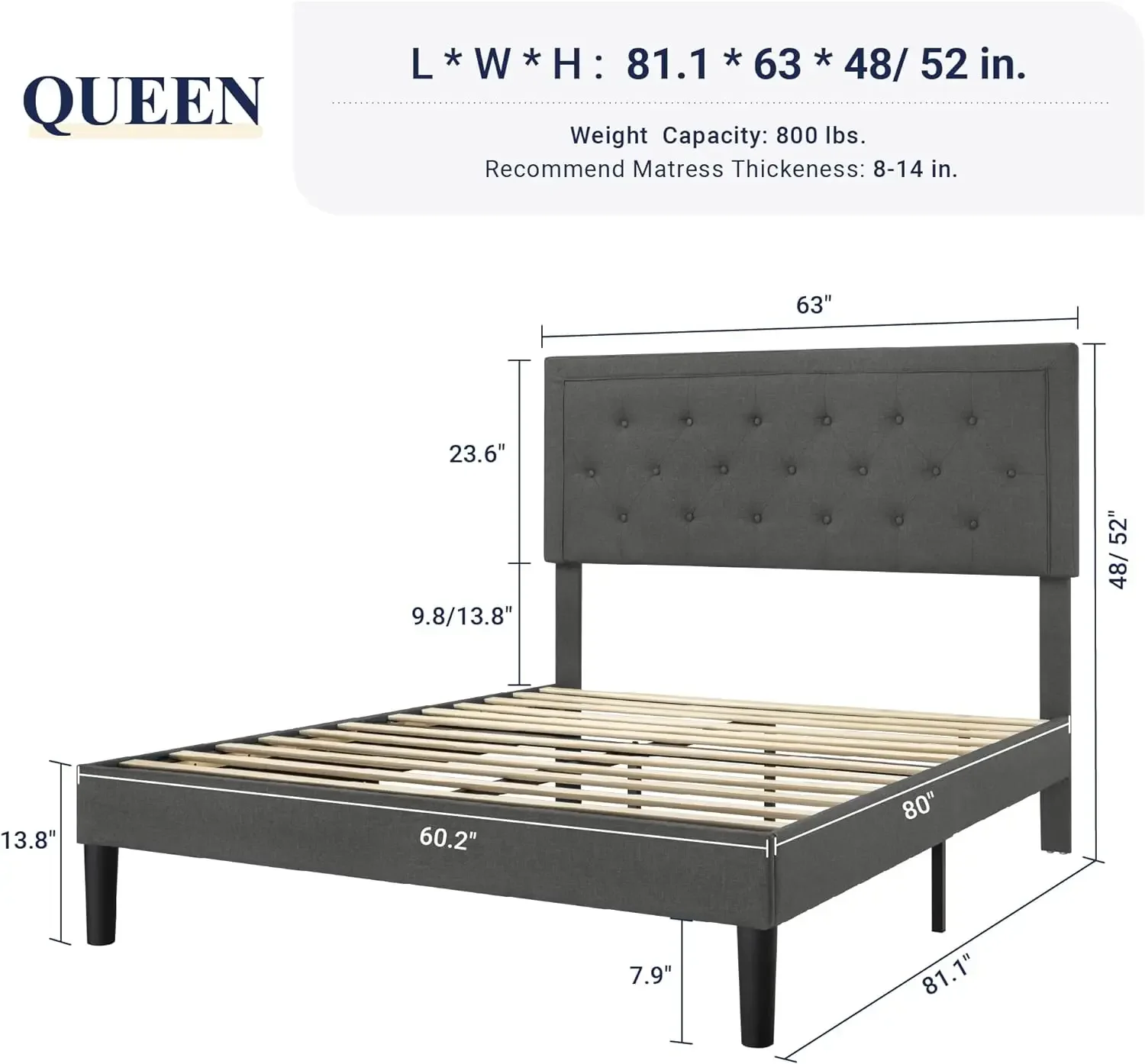 Allewie Queen Size Button Tufted Platform Bed Frame/Fabric Upholstered Bed Frame with Adjustable Headboard/Wood Slat Support/Ma