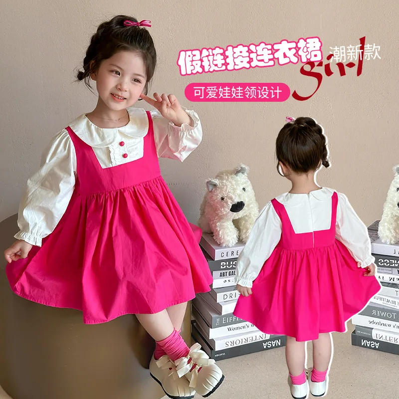 

Girls' Doll Collar Fake Two-Piece Dress Children's Fashion Little Girl Stylish Princess Dress Toddler Spring Outfit