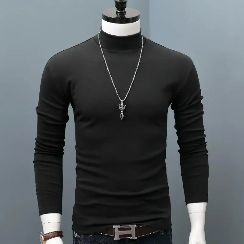 Men's undershirt T-shirt long sleeves autumn winter half high neck solid color slim body with Korean version of foreign style