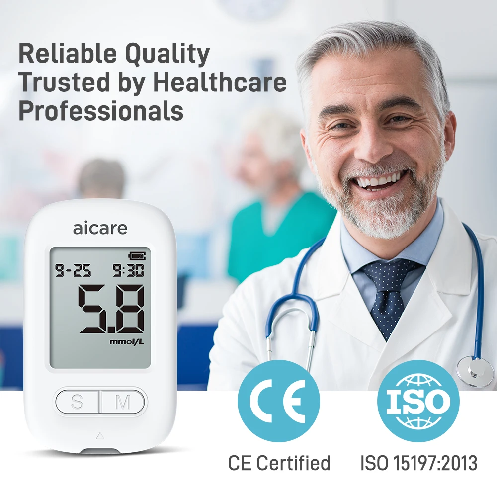 Aicare Medizinisches Blutzuckermessgerät Glukometer-Set mit 50/100/200 Teststreifen und Lanzetten 5-Sekunden-Ergebnisse Schnell Ohne Codierung