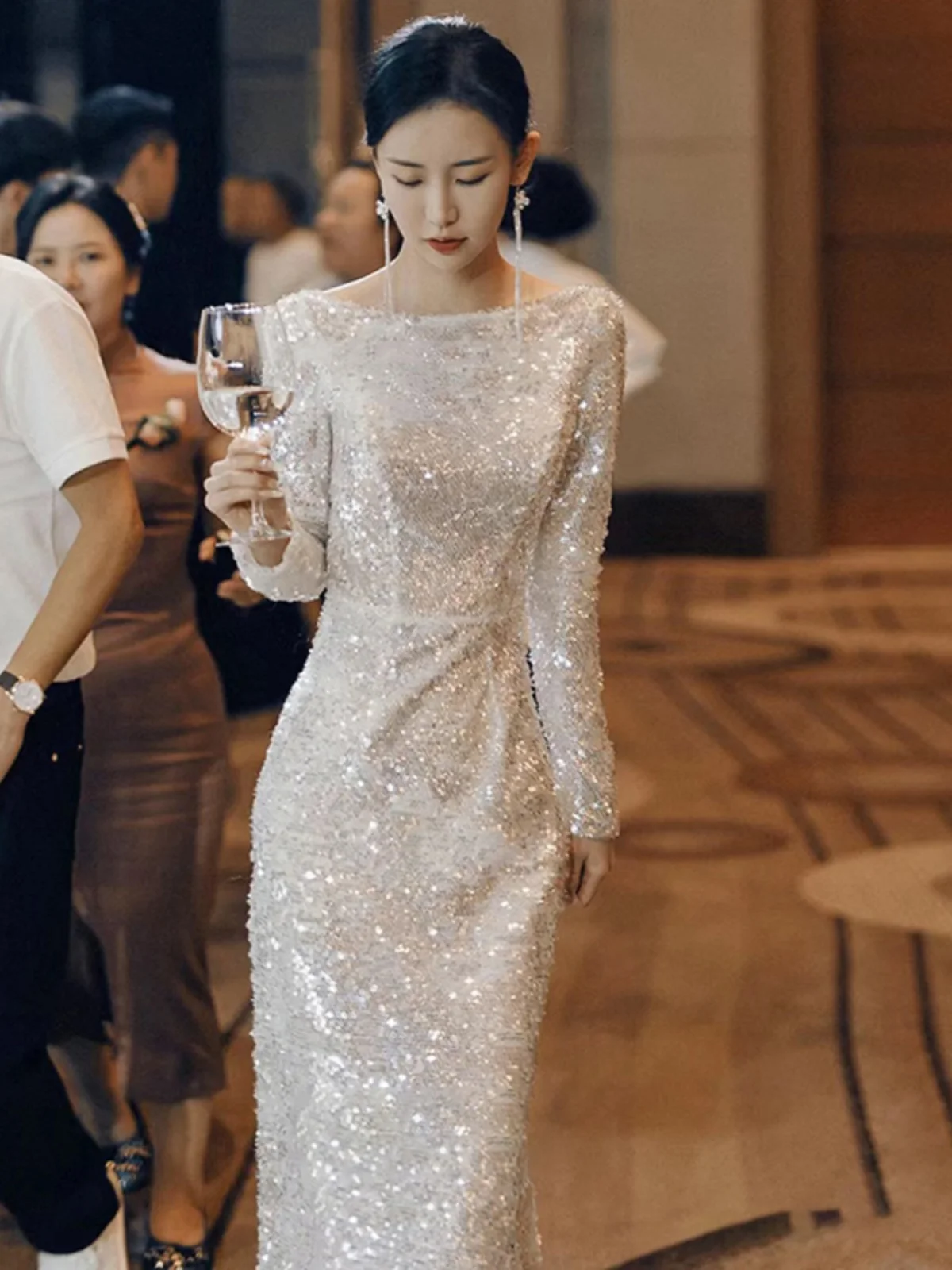 

Silver Sequin Long Sve Evening Gown Birthday Par Performance Fi Tail Slim Fit Toasting Formal Dr Skirt Faionable ...