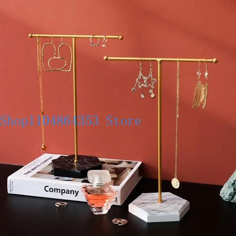 

652F Metal T-shaped Marbled Jewelry Stand Earrings Ring Necklace Watch Jewelry Shelf