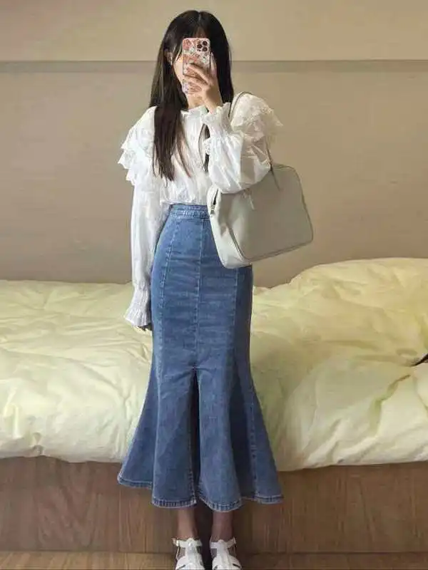 

Летняя джинсовая юбка с рюшами и разрезом для женщин, с высокой талией, из хлопка, дизайн Cleanfit Sle, подходит для Ciwalk