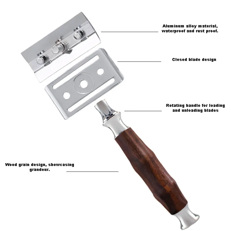 Двухсторонняя винтажная бритва, двухстороннее лезвие в стиле ретро, ручное бритье, безопасное лезвие, скребок с текстурой древесины для парикмахерской, бритвенный станок, ополаскиватель