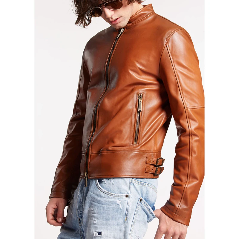 Brown standing collar sheepskin men\'s jacket for spring and autumn fashion high-quality leather customized short Coats