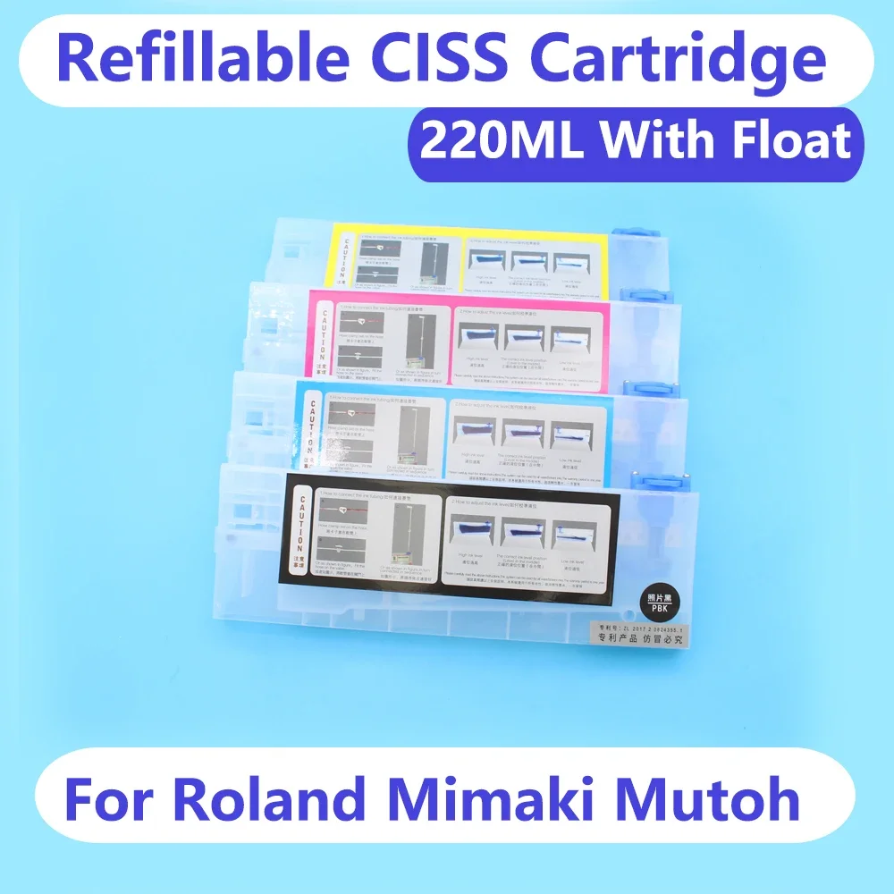 

4 цвета, 220 мл, пустой многоразовый картридж с поплавком без чипа для Roland Mimaki Mutoh СНПЧ, заправка картриджа, тележка, резервуар для чернил
