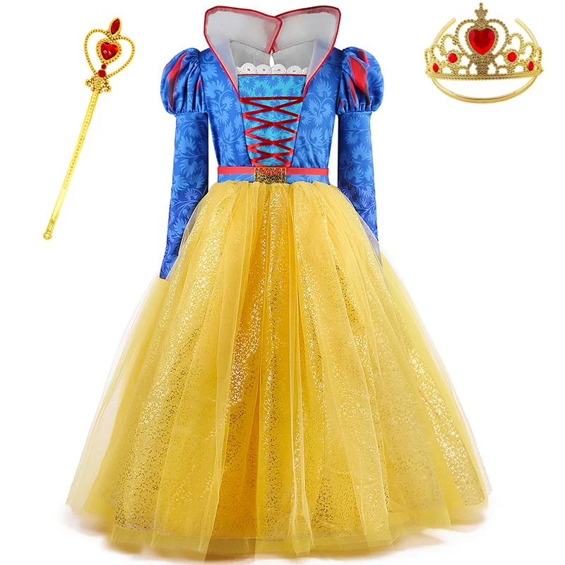 

Girls Snow White Sequins Tulle Princess Dress With Crown Magic Stick For Kids Carnival Birthday Halloween Cosplay Costume