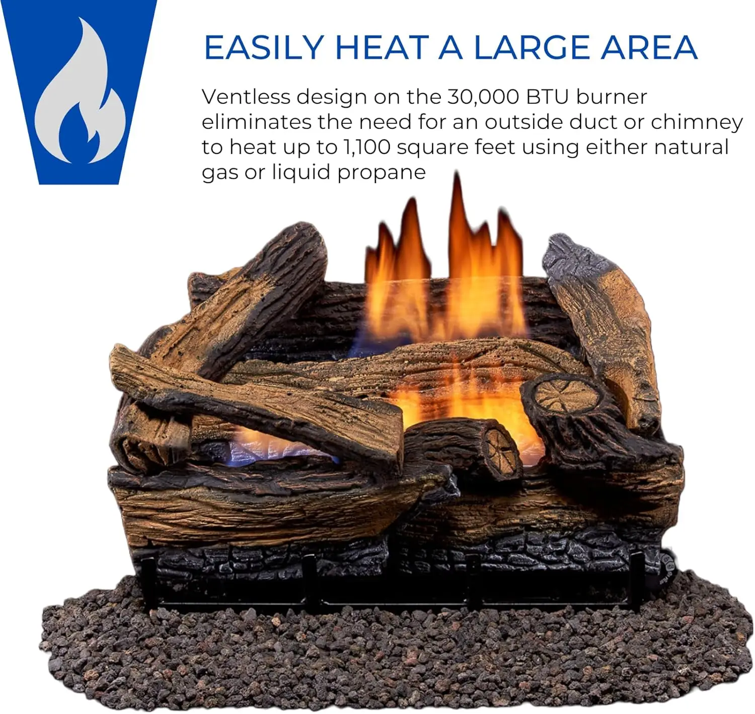 Split Red Oak Ventless Log Set – 18 Inch, 30,000 BTU, Dual Fuel (Propane/Natural Gas), Remote Control, Realistic Fireplace