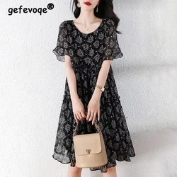 Women Korean Fashion Ruffle Print High Waist Elegant Short Sleeve Dresses Summer Casual O Neck Loose Pleated Midi Dress Vestidos