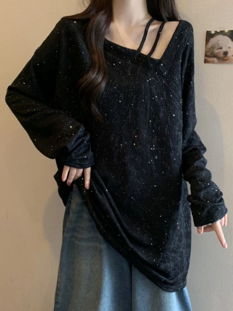 Slimming Design Long Sleeve Hoodie Women's Spring Autumn New Style plus Size Fat MM Shoulder Hanging Top Mid-Length Butt Cove...