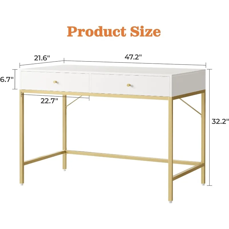 Bureau de courtoisie avec égouts de proximité, bureau d'ordinateur 47 pouces, bureau à domicile, table de maquillage en spanTable pour chambre à coucher, blanc et or