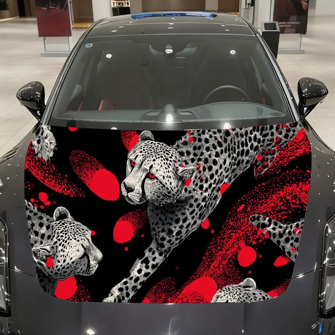 Car Decal Red and Black Cheetahs with Dynamic Spots - Wild Energetic Aesthetic Car Hood Sticker, Waterproof Self - Adhesive Viny