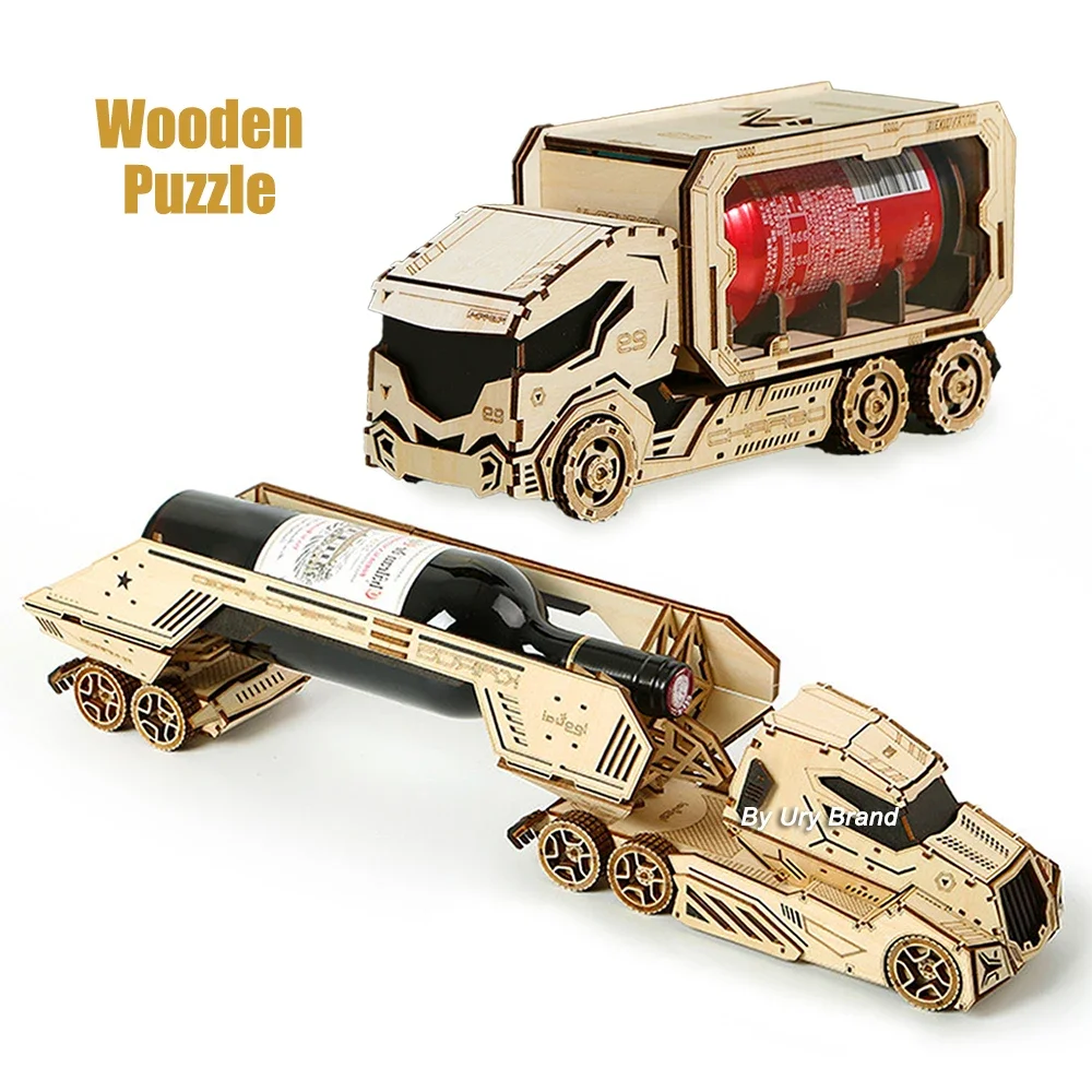 URY 3D Wooden Puzzle Retro Wine Rack Truck for Kids Adult DIY Assembly Model Toy Craft Kits Desktop Decoration Christmas Gift