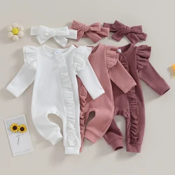 Manga comprida Ruffle Zipper Romper com Headband Sets, Waffles Macacões para Bebês Recém-nascidos Meninas, Cor Sólida, Roupas de Renda