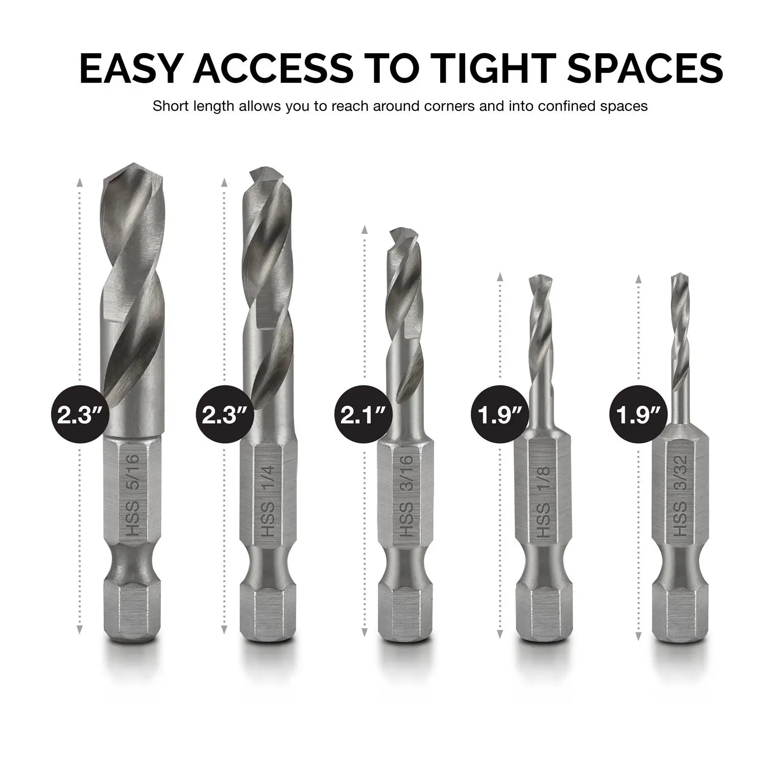 1/4 Hex Shank Drill Bit Set 5PCS Stubby Drill Bit Set for Metal M2 Short Length Drill Bit Steel for Quick Change Chuck