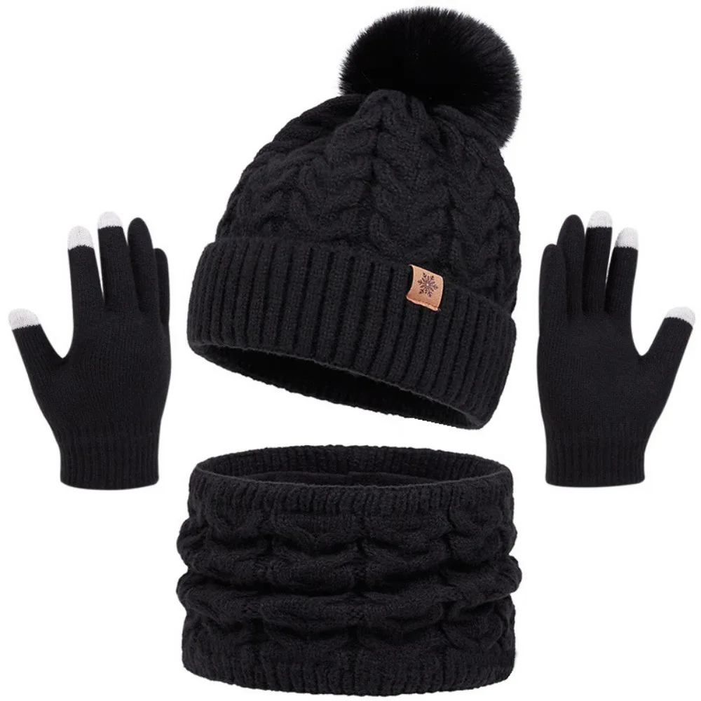 Thickened Women Hat Scarf Gloves Set Solid Color Beanie Hat Pompom Beanies Hat Cold-Proof Breathable