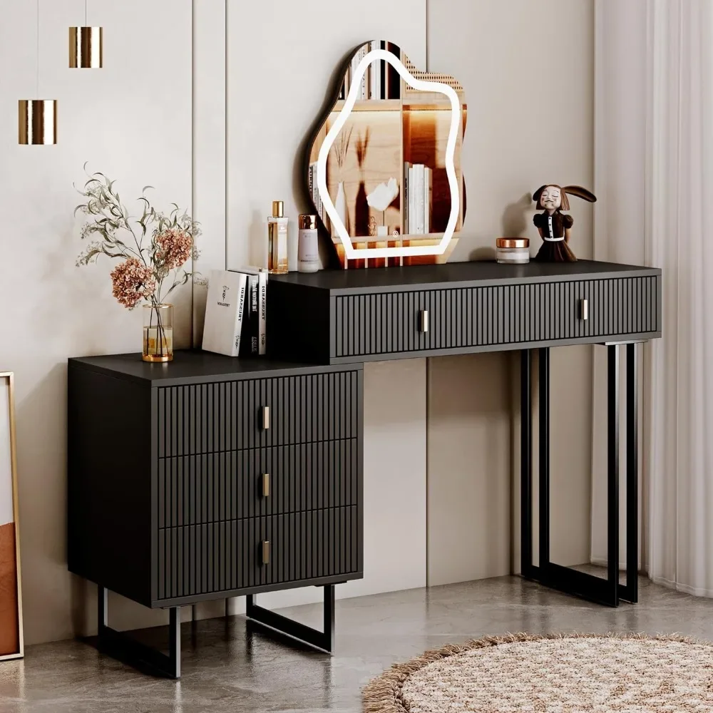 

Modern Vanity Table,Retractable Makeup Dressing Table with Nightstand,Vanity Desk with Lighted Mirror and 5 Spacious Drawers