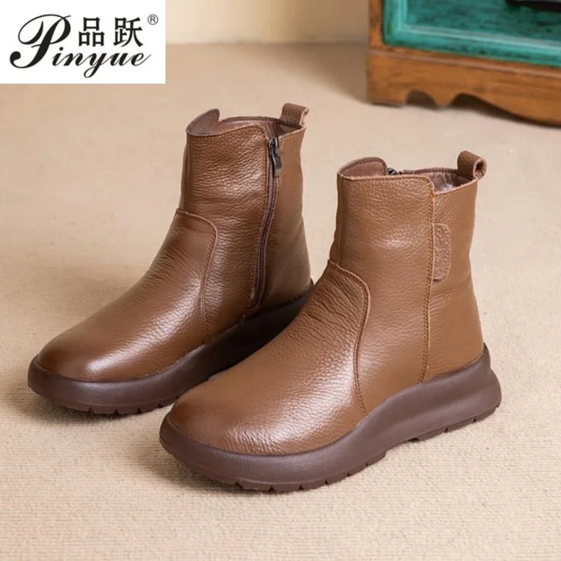 

Women Winter New Genuine Leather Side Zipper Flat Bottom Women's Short Boots Soft Sole Plush Warm Cotton Shoes 35-41
