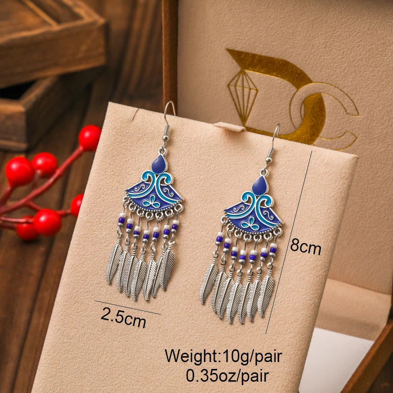 New Ethnic Enamel Fan Shaped Rice Bead Earrings for Women Creative Elegant Silver Color Metal Leaf Tassel Earring Party Jewelry