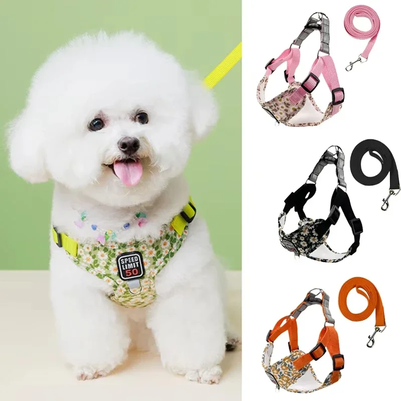 Daisy Print Dog Harnes No Pull Leash Set for Small Medium Dog Reflective Harness Vest Walking Lead Leash Pet Walking Outdoor