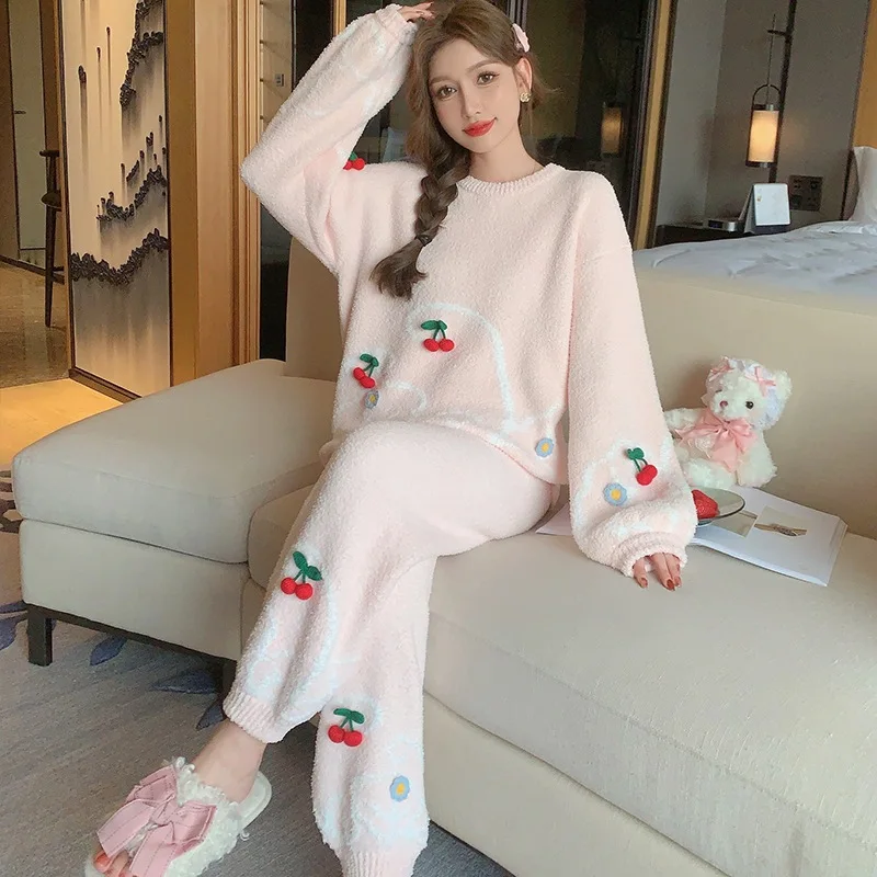 Downy Pyjamas Sweet Girls Cherry Feather Yarn Women Pajamas Set Winter Thickened Velvety Nightwear Female Pullover Home Clothes