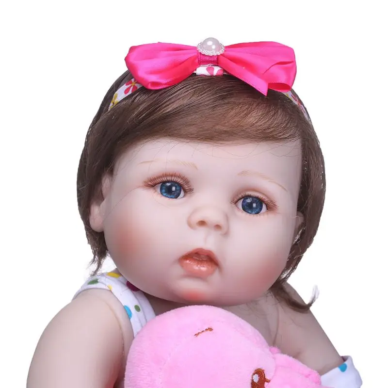 22inch Full Silicone for Doll Polka Dot Skirt Bow Headband Hot Pink