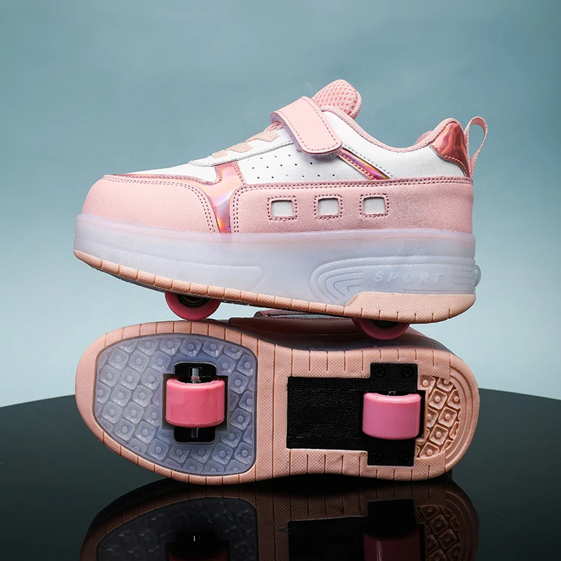 

Кроссовки на двух колесах (девочки): спортивные коньки с невидимой подсветкой, детские роликовые туфли со скрытыми колесами