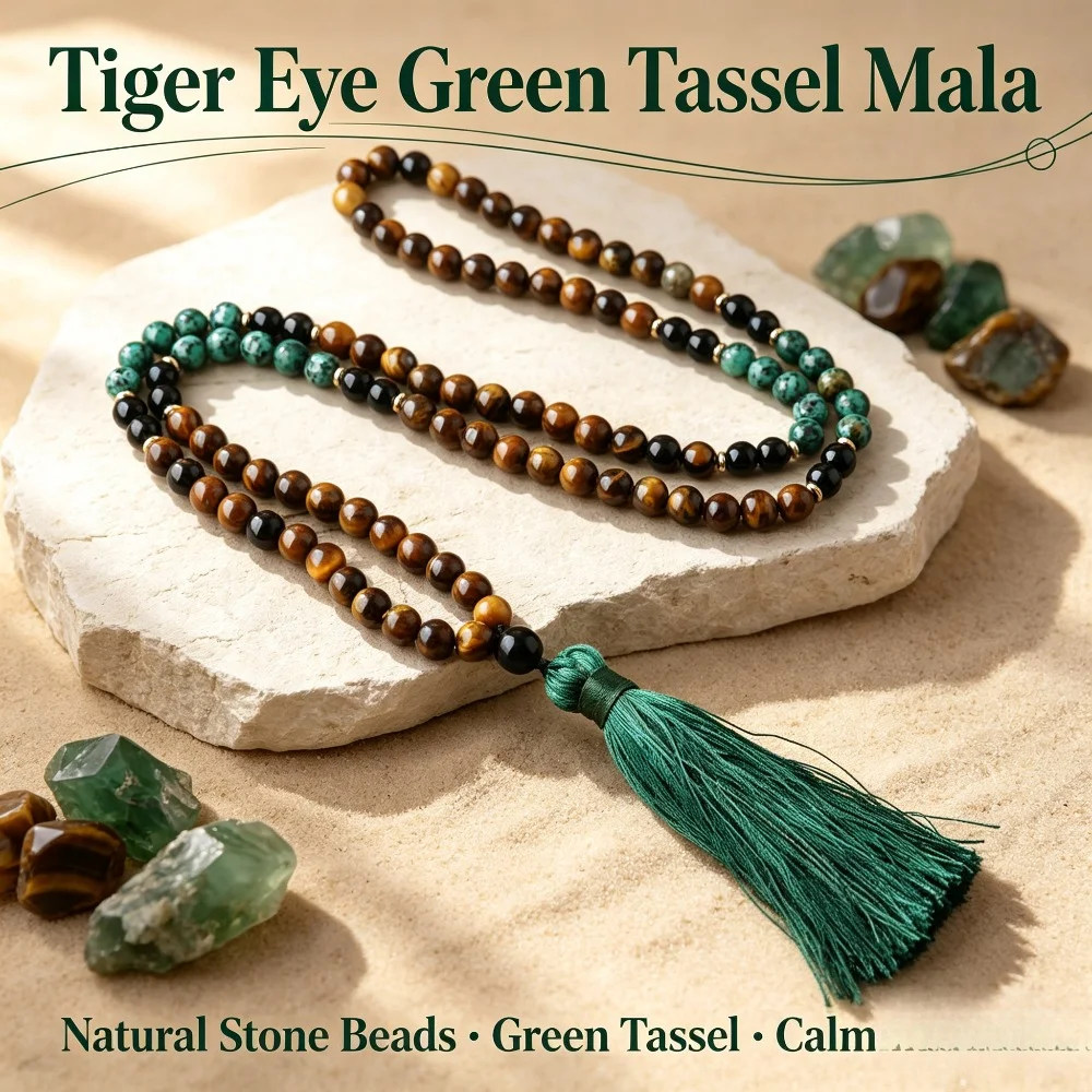 elastic force Bracelet & Tassel Necklace, 108 Bead Mala, Natural Tiger's Eye Beaded Necklace for Men