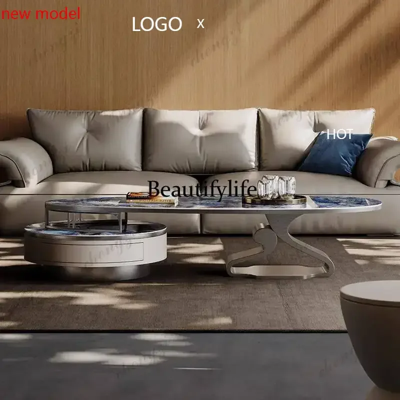 A178Ovale europäische Wohnzimmer-Couchtische, blaue Designer-Couchtische mit Stauraum, moderne nordische Luxus-Mesa DeDD182