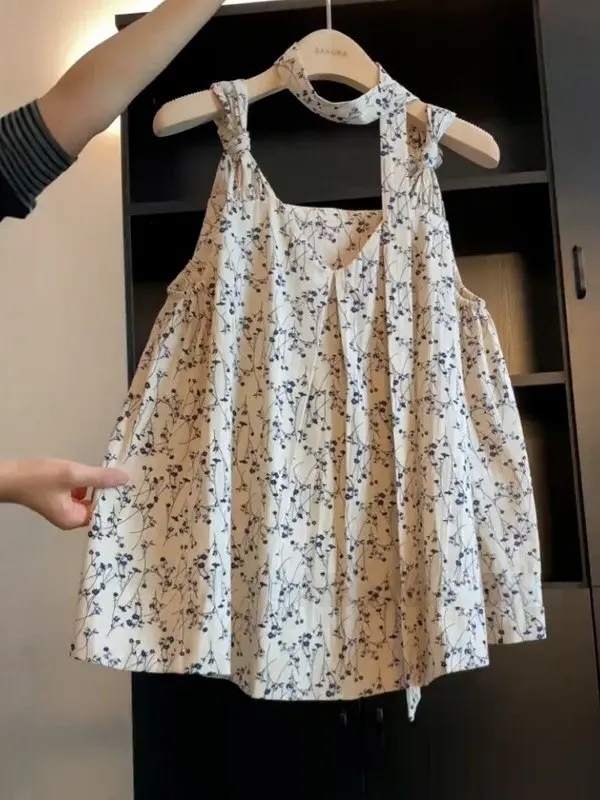 

Floral Tie V-Neck Knot Sleeveless Shirt Women Summer New Design Loose Slimming Outerwear Top French Style Loose Fit Casual Shirt