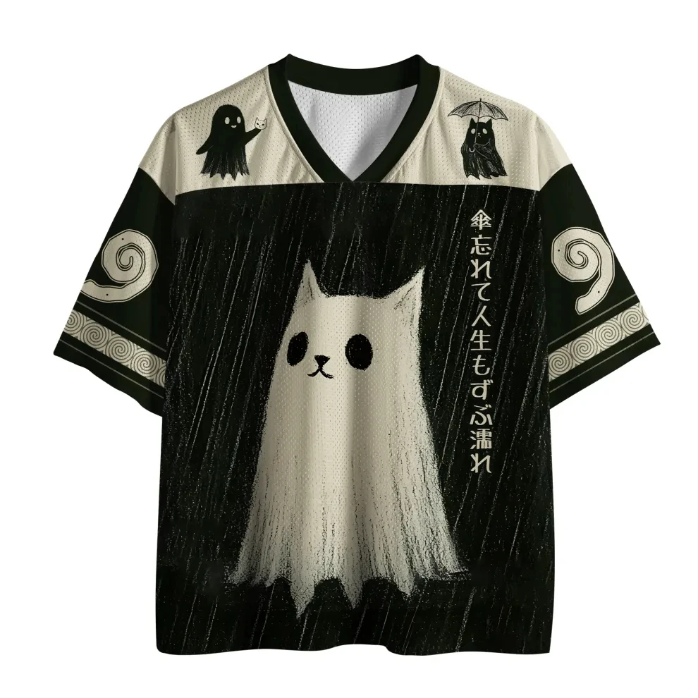 American Mesh Jersey V-neck Short Sleeved Contrasting Dark Style Black Cat Skull Mushroom Print Y2K Gothic Oversized T-shirt