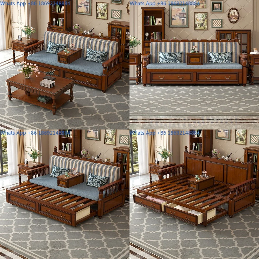 Solid Wood Sofa Bed with Pull Out Mechanism for Small Spaces Convertible Double Daybed Multi Functional Furniture for Living