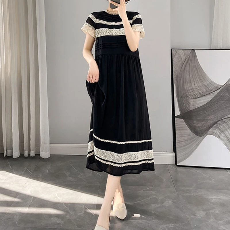 Summer New Lace Patchwork Loose Casual Robe Femme Short Sleeve Elegant Fashion A-line Vestidos Women Vintage Vestidos De Fiesta