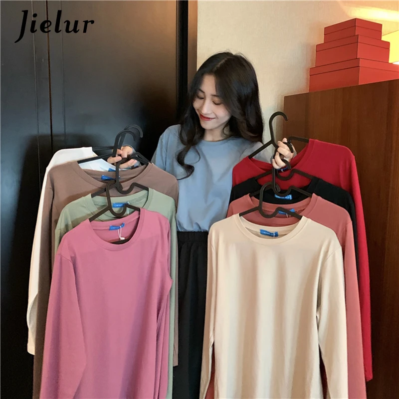 

Solid Color T-shirt Long Sleeve Autumn T Shirt Women New Tee Shirt O-neck Femme Tops Hipster Ladies Tshirt One Size