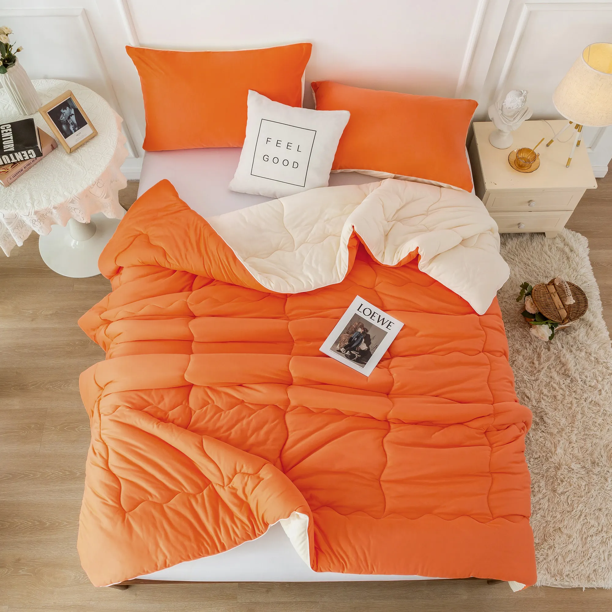 

Dual-Sided Reversible comforter bedding sets,Burnt Orandge and Yellow Jersey Knit Cotton Fabric，queen/Full Size.