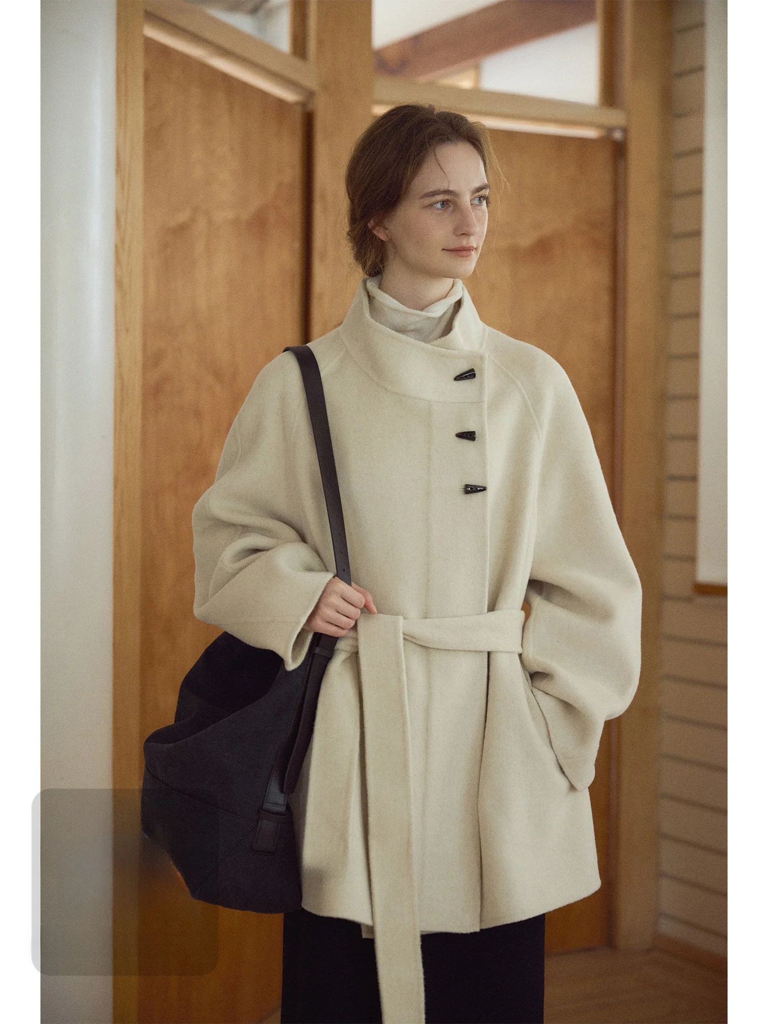 

Soft Camere Wool Coat with Slant Button Closure Stand Collar Long Sve Mid-Length Coat for Women in Winter Season