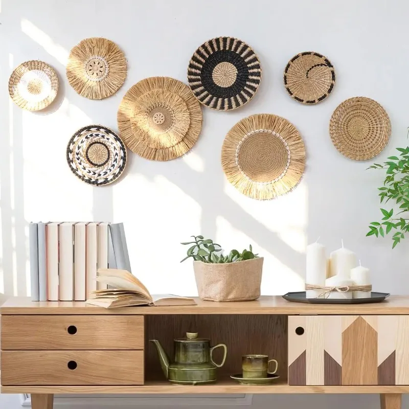 Japanese Wabi-Sabi Style Handmade Straw Tapestry Raffia Grass Wall Hanging Art Decorative Mural for Entryway Background