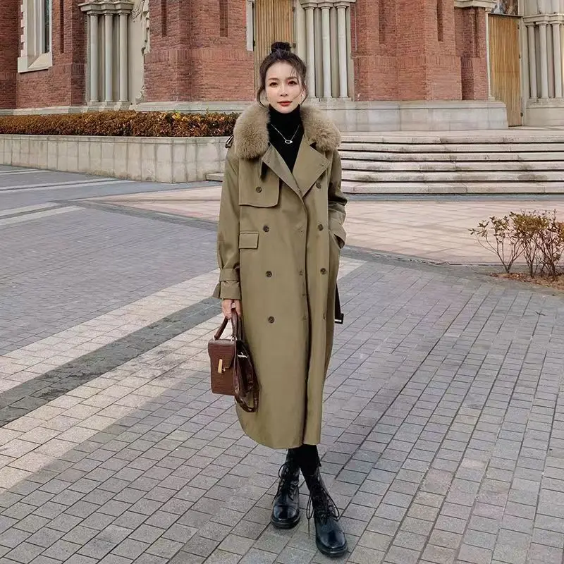 

Khaki Tooling Parker Cotton Clothes Women's Medium and Long New Korean Version Loose Thickened Velvet Knee Cotton-padded Clothes