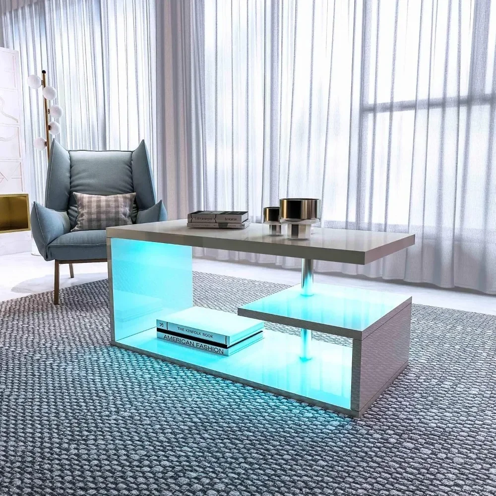 Coffee table with high gloss 16 color LED lights, storage space, central table for living room and bedroom, modern coffee table