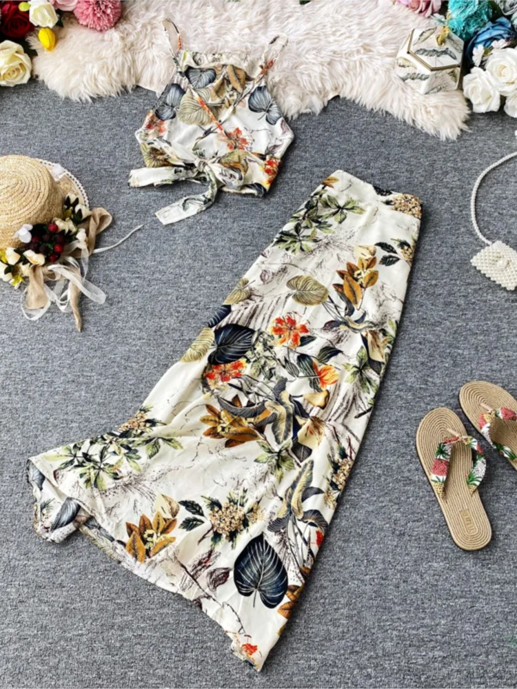 Summer Elegant Floral Skirts Suit Women Spaghetti Strap Tanks Top High Waist Saya Two Pieces Set Female Beach Occasion Clothes